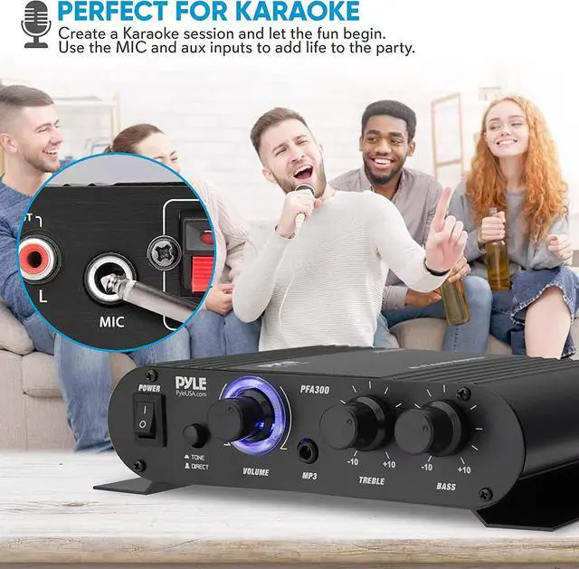 Alt view image 6 of 7 - Power Home HiFi Stereo Amplifier - 90 Watt Portable Dual Channel Surround Sound Audio Receiver w/ 12V Adapter - For Subwoofer Speaker, MP3, iPad, iPhone, Car, Marine Boat, PA System - PFA300