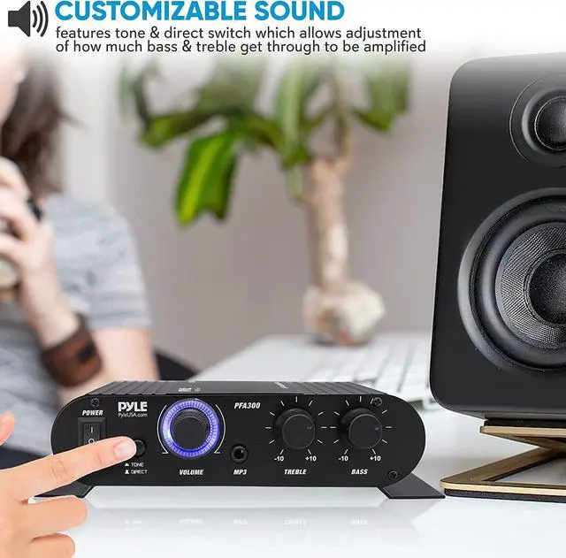 Alt view image 7 of 7 - Power Home HiFi Stereo Amplifier - 90 Watt Portable Dual Channel Surround Sound Audio Receiver w/ 12V Adapter - For Subwoofer Speaker, MP3, iPad, iPhone, Car, Marine Boat, PA System - PFA300