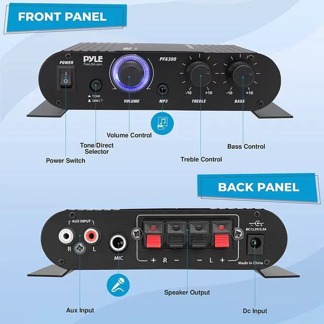 Alt view image 4 of 7 - Power Home HiFi Stereo Amplifier - 90 Watt Portable Dual Channel Surround Sound Audio Receiver w/ 12V Adapter - For Subwoofer Speaker, MP3, iPad, iPhone, Car, Marine Boat, PA System - PFA300