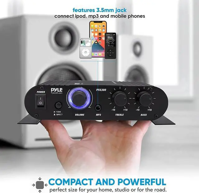 Alt view image 2 of 7 - Power Home HiFi Stereo Amplifier - 90 Watt Portable Dual Channel Surround Sound Audio Receiver w/ 12V Adapter - For Subwoofer Speaker, MP3, iPad, iPhone, Car, Marine Boat, PA System - PFA300
