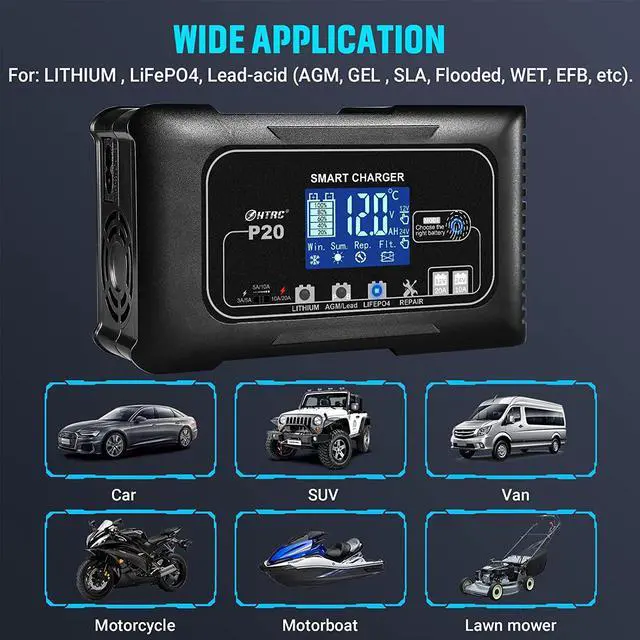 Alt view image 5 of 6 - 20-Amp Smart Battery Charger,12V/20A and 24V/10A.Lithium,Lifepo4,Lead-Acid(AGM/Gel/SLA..) Car Battery Charger,Trickle Charger, Maintainer/Pulse Repair Charger,for Car ,Boat,Motorcycle, Lawn Mower