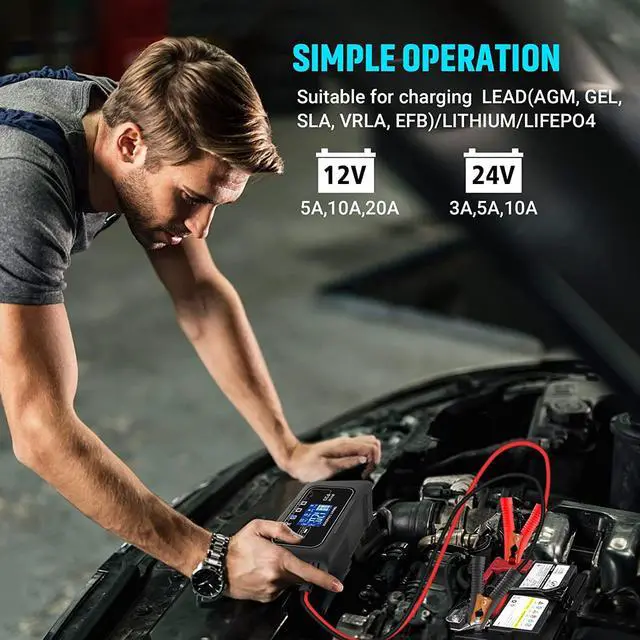 Alt view image 2 of 6 - 20-Amp Smart Battery Charger,12V/20A and 24V/10A.Lithium,Lifepo4,Lead-Acid(AGM/Gel/SLA..) Car Battery Charger,Trickle Charger, Maintainer/Pulse Repair Charger,for Car ,Boat,Motorcycle, Lawn Mower