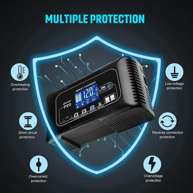 Alt view image 6 of 6 - 20-Amp Smart Battery Charger,12V/20A and 24V/10A.Lithium,Lifepo4,Lead-Acid(AGM/Gel/SLA..) Car Battery Charger,Trickle Charger, Maintainer/Pulse Repair Charger,for Car ,Boat,Motorcycle, Lawn Mower