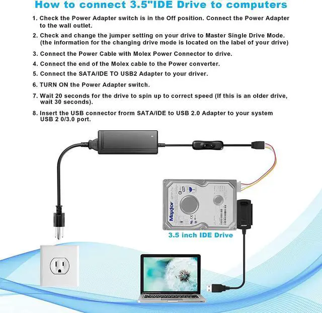 Alt view image 6 of 7 - SATA/PATA/IDE Drive to USB 2.0 Adapter Converter Cable for Hard Drive Disk HDD 2.5" 3.5", Compatible with USB 1.1/2.0/3.0, with External AC Power Adapter Included