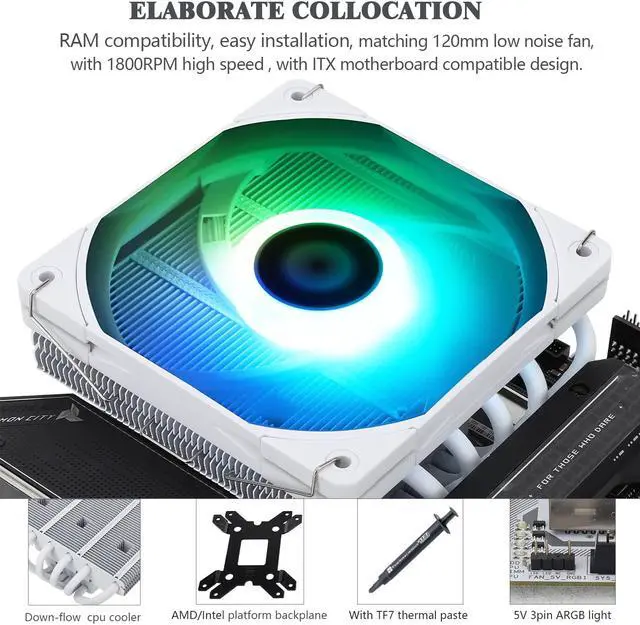 Alt view image 5 of 7 - AXP120-X67 White ARGB Low Profile CPU Air Cooler with Quite 120mm TL-C12015W-S Low Profile PWM Fan, 6 Heat Pipes, 67mm Height, AMD AM4/Intel LGA 1700/1150/1151/1155/1156/1200/2011/2066