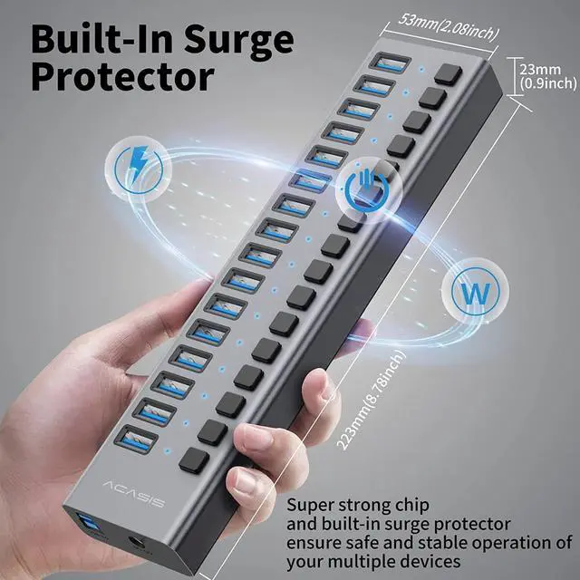 Alt view image 4 of 7 - Powered USB Hub,16 Ports USB 3.0 Data Hub, Individual On/Off Switches, 12V7.5A 90W Power Adapter, USB Hub 3.0 Splitter Extension for MacBook, Mac Pro/Mini, iMac, Surface Pro Laptop/PC