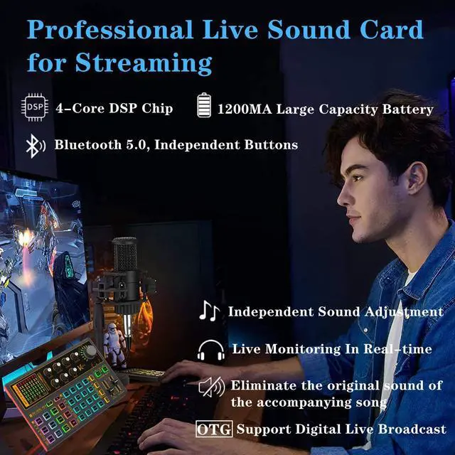 Alt view image 7 of 7 - Professional Audio Mixer, K300 Live Sound Card and Audio Interface Sound Board with Multiple DJ Mixer Effects,Voice Changer and LED Light, Prefect for Streaming/Podcasting/Gaming/Recording/YouTube/PC