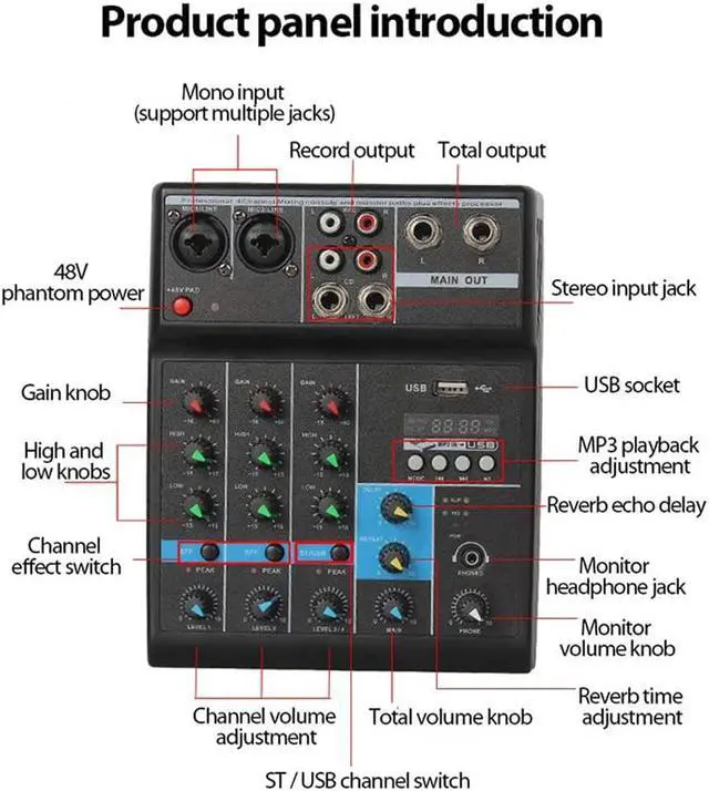 Alt view image 6 of 7 - Professional Audio Mixer, Sound Board Console System, Interface 4 Channel Digital USB Bluetooth MP3 Computer Input 48V Phantom Power Stereo DJ Studio Streaming FX 16-Bit DSP Processor