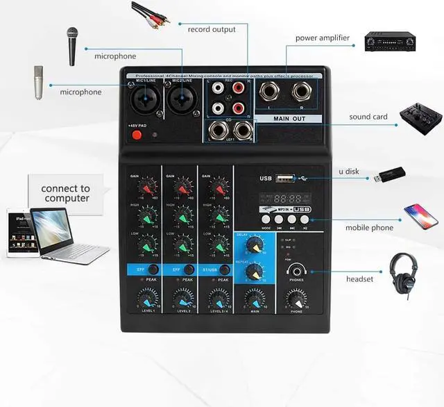 Alt view image 3 of 7 - Professional Audio Mixer, Sound Board Console System, Interface 4 Channel Digital USB Bluetooth MP3 Computer Input 48V Phantom Power Stereo DJ Studio Streaming FX 16-Bit DSP Processor
