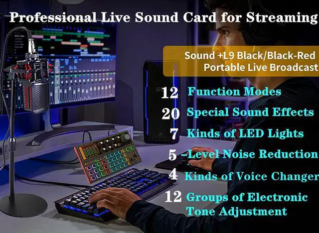 Alt view image 5 of 7 - Professional Audio Mixer, K300 Live Sound Card and Audio Interface Sound Board with Multiple DJ Mixer Effects,Voice Changer and LED Light, Prefect for Streaming/Podcasting/Gaming/Recording/YouTube/PC