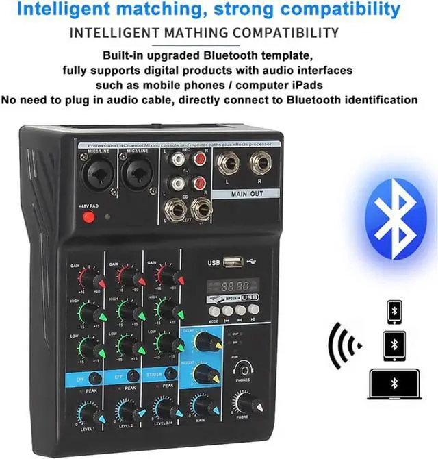 Alt view image 5 of 7 - Professional Audio Mixer, Sound Board Console System, Interface 4 Channel Digital USB Bluetooth MP3 Computer Input 48V Phantom Power Stereo DJ Studio Streaming FX 16-Bit DSP Processor