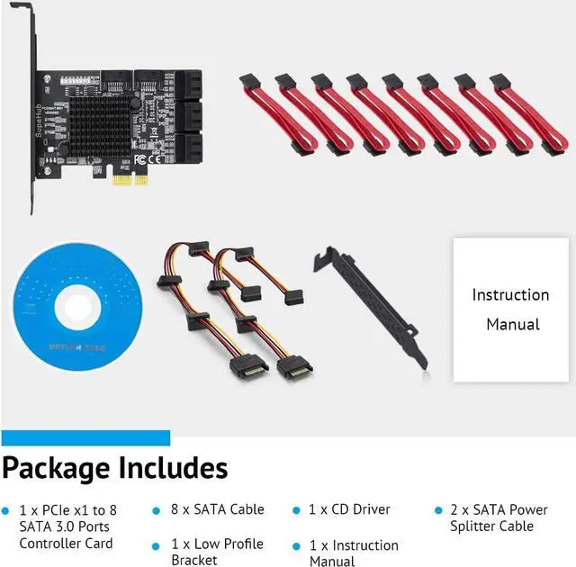 Alt view image 2 of 7 - SATA Card 8 Port, Non Raid SATA Expansion Card for SATA III 6G Hard Drives for Desktop, Includes 8 SATA Cables and 2 SATA Splitter Cables