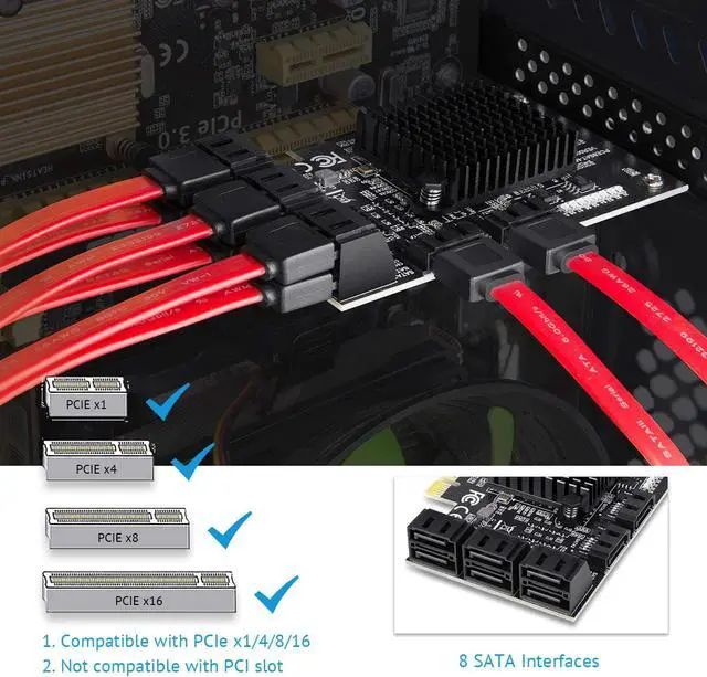 Alt view image 7 of 7 - SATA Card 8 Port, Non Raid SATA Expansion Card for SATA III 6G Hard Drives for Desktop, Includes 8 SATA Cables and 2 SATA Splitter Cables