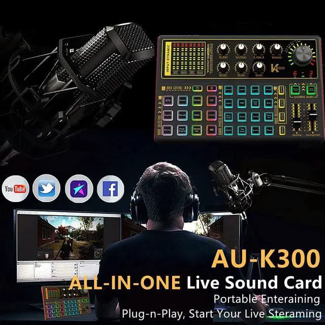 Alt view image 4 of 7 - Professional Audio Mixer, K300 Live Sound Card and Audio Interface Sound Board with Multiple DJ Mixer Effects,Voice Changer and LED Light, Prefect for Streaming/Podcasting/Gaming/Recording/YouTube/PC