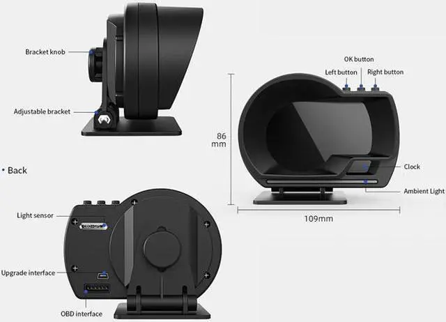 Alt view image 6 of 7 - Car HUD OBD2 GPS Smart head up display Speed monitoring 9 interface Digital Gauge Meter Turbo Brake Test OBD Scanner