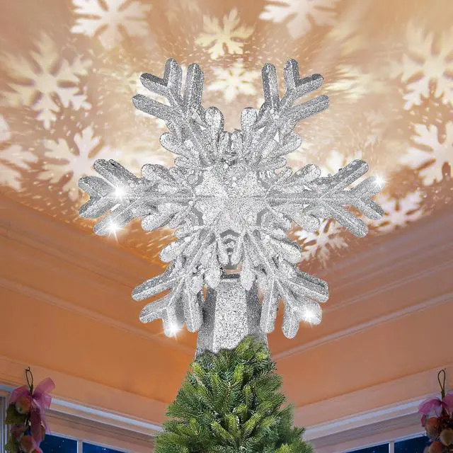 Main image of SOVAWIN Christmas Tree Toppers Decoration with Snowflake Projector, Glittered Star Tree Topper for Holiday Fantastic Romantic Indoor Light Lamp Gift