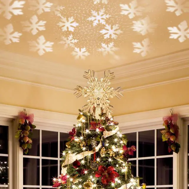 Alt view image 5 of 7 - SOVAWIN Christmas Tree Toppers Decoration with Snowflake Projector, Glittered Star Tree Topper for Holiday Fantastic Romantic Indoor Light Lamp Gift