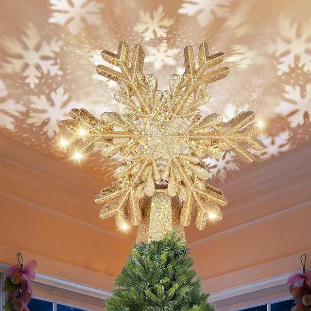 Main image of SOVAWIN Christmas Tree Toppers Decoration with Snowflake Projector, Glittered Star Tree Topper for Holiday Fantastic Romantic Indoor Light Lamp Gift
