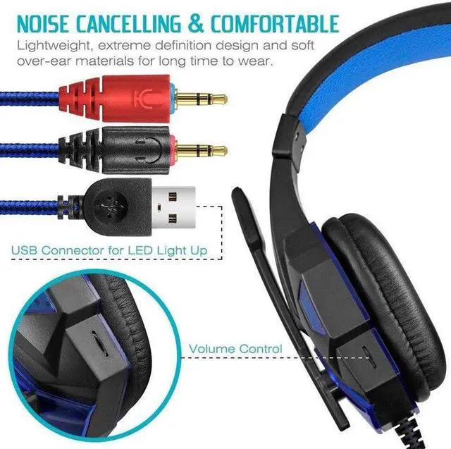 Alt view image 4 of 5 - Gaming Headphones Over-Ear Gamer Headset With Mic LED Volume Control Stereo Sound Earphones With Audio Cable For PC PS4