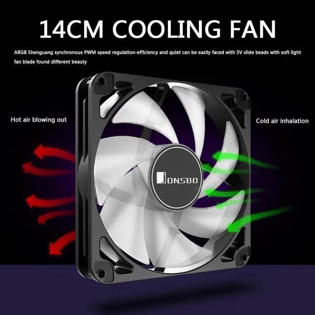 Alt view image 2 of 5 - Computer Case Water Cooling System Waterblock FR140S 14cm PC Case Cooling Fan 5V 3 Pin ARGB 4 Pin PWM Chassis Cooler