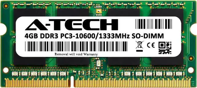 Alt view image 2 of 7 - A-Tech 4GB DDR3 1333MHz SODIMM PC3-10600 204-Pin CL9 Non-ECC Unbuffered Notebook Laptop RAM Memory Upgrade Module