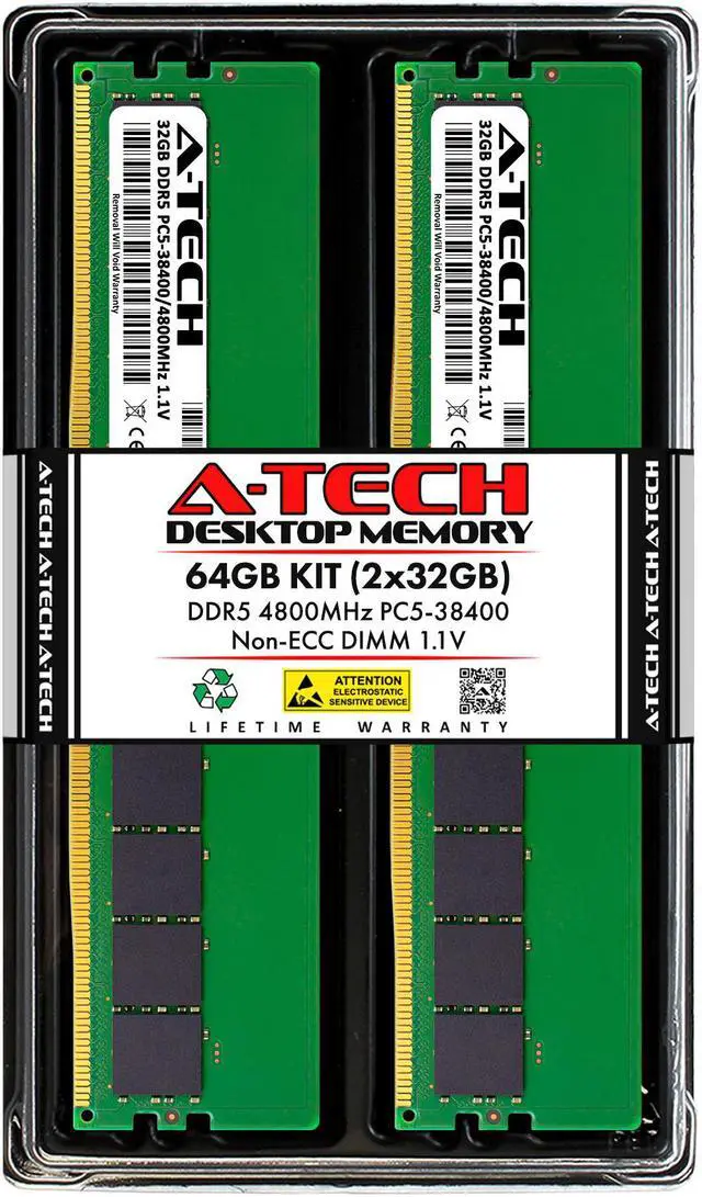 Main image of A-Tech 64GB (2x32GB) DDR5 4800MHz DIMM PC5-38400 Non-ECC Unbuffered CL40 UDIMM 288-Pin 1.1V Desktop RAM Kit Memory Modules
