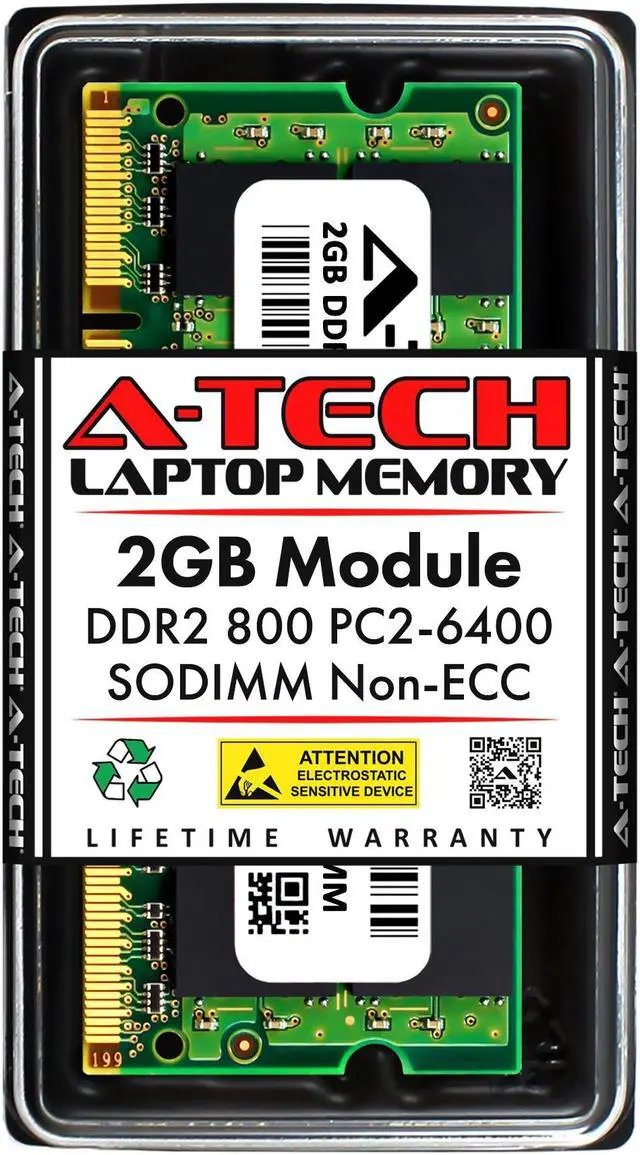 Main image of A-Tech 2GB DDR2 800MHz SODIMM PC2-6400 Non-ECC Unbuffered CL6 1.8V 200-Pin SO-DIMM Laptop Notebook Computer RAM Memory Upgrade Module