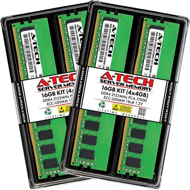 Main image of A-Tech 16GB (4x4GB) 1Rx8 PC4-17000 / PC4-17000E DDR4 2133 MHz ECC UDIMM 1.2V ECC Unbuffered DIMM 288-Pin Single Rank x8 Server & Workstation RAM Memory Upgrade Kit
