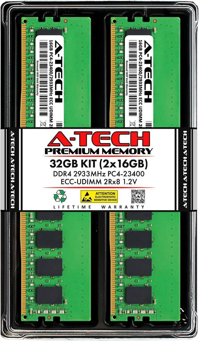 Main image of A-Tech 32GB (2x16GB) 2Rx8 PC4-23400 / PC4-23400E DDR4 2933 MHz ECC UDIMM 1.2V ECC Unbuffered DIMM 288-Pin Dual Rank x8 Server & Workstation RAM Memory Upgrade Kit