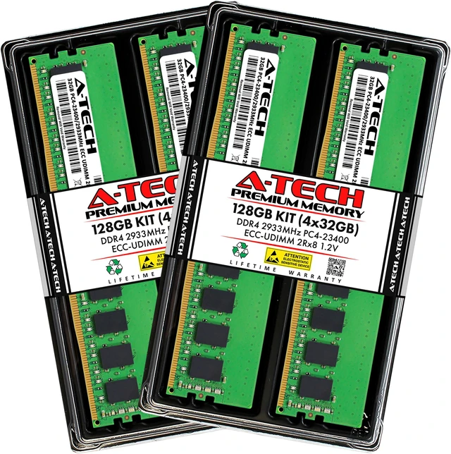 Main image of A-Tech 128GB (4x32GB) 2Rx8 PC4-23400 / PC4-23400E DDR4 2933 MHz ECC UDIMM 1.2V ECC Unbuffered DIMM 288-Pin Dual Rank x8 Server & Workstation RAM Memory Upgrade Kit