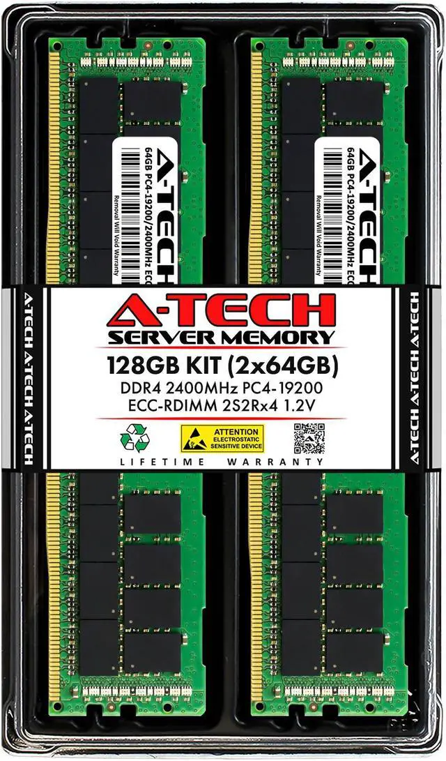 Main image of A-Tech 128GB (2x64GB) 2S2Rx4 (4Rx4 3DS) PC4-19200R DDR4 2400 MHz ECC RDIMM Registered DIMM 288-Pin Quad Rank x4 3DS/TSV Server & Workstation RAM Memory Upgrade Kit