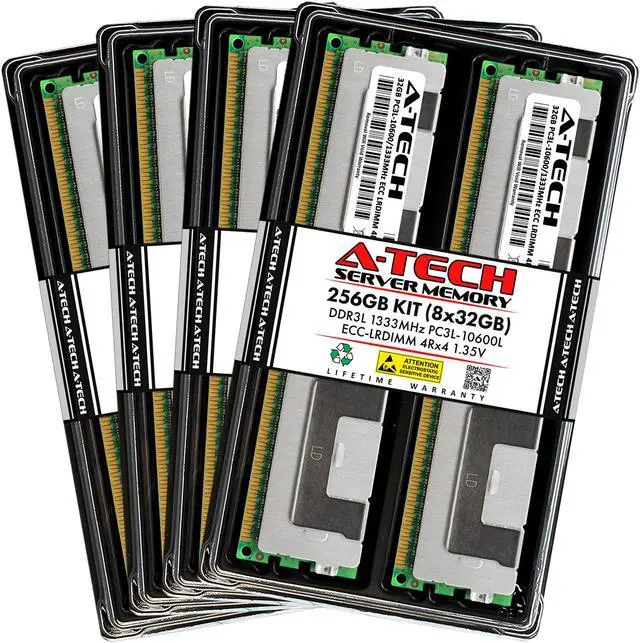 Main image of A-Tech 256GB (8x32GB) 4Rx4 PC3L-10600L DDR3 / DDR3L 1333 MHz ECC LRDIMM 1.35V Load Reduced DIMM 240-Pin Quad Rank x4 Low Voltage Server RAM Memory Upgrade Kit