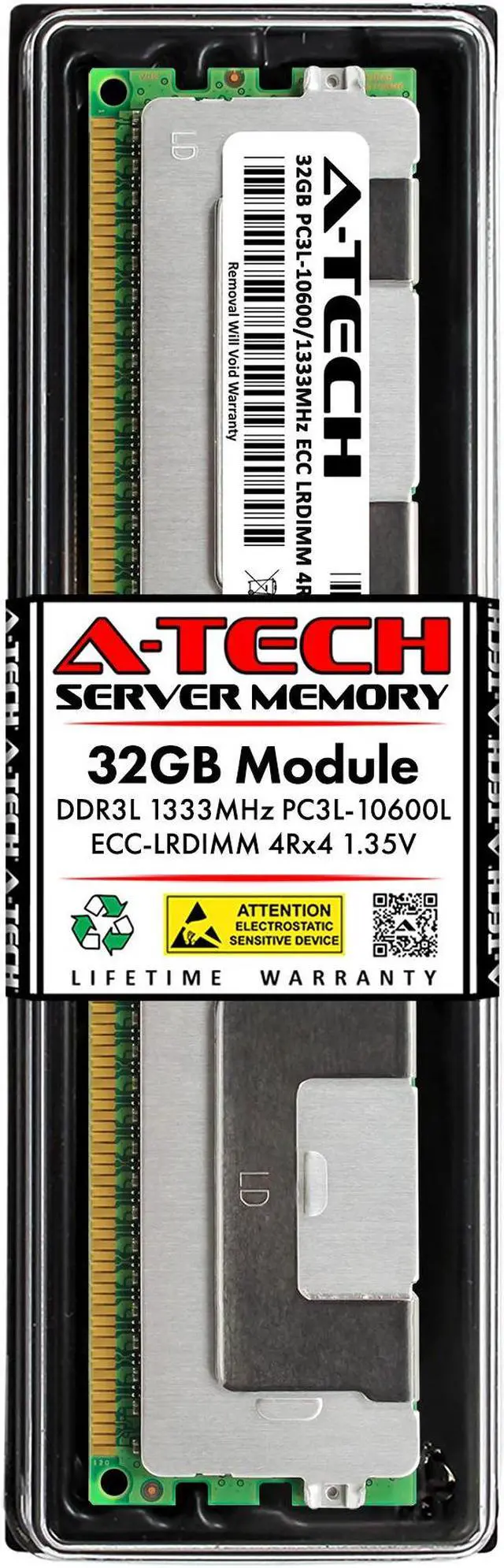 Main image of A-Tech 32GB 4Rx4 PC3L-10600L DDR3 / DDR3L 1333 MHz ECC LRDIMM 1.35V Load Reduced DIMM 240-Pin Quad Rank x4 Low Voltage Server RAM Memory Upgrade Module