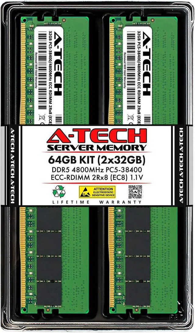 Main image of 64GB (2x32GB) RAM for Dell PowerEdge T560, R660, R660xs, R6615, R6625, R760, R760xa, R760xd2, R760xs, R7615, R7625, R860, R960 | DDR5 4800MHz EC8 RDIMM PC5-38400 2Rx8 ECC Registered Server Memory Kit
