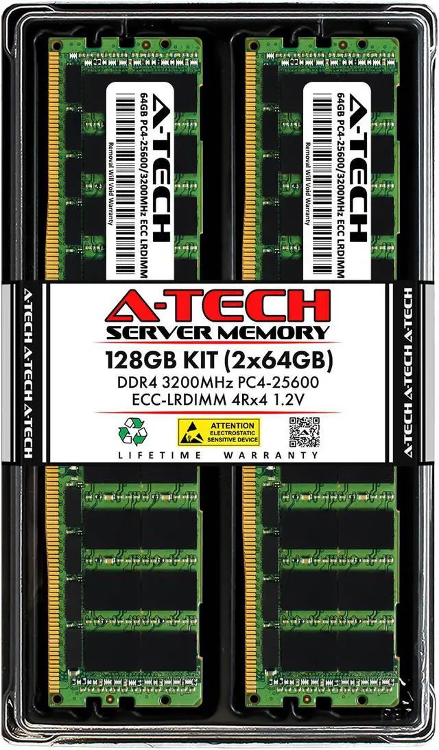 Main image of A-Tech 128GB (2x64GB) 4Rx4 PC4-25600L DDR4 3200 MHz ECC LRDIMM Load Reduced DIMM 288-Pin 4DRx4 Quad Rank x4 Server RAM Memory Upgrade Kit