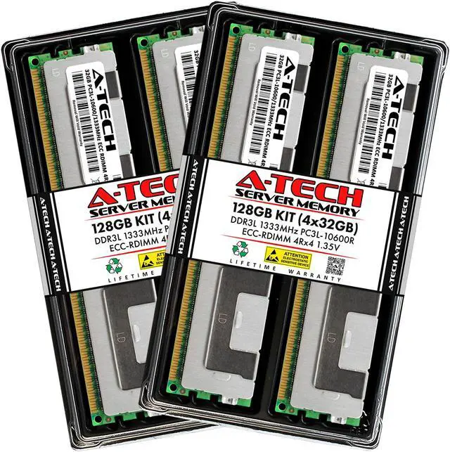 Main image of A-Tech 128GB (4x32GB) 4Rx4 PC3L-10600R DDR3 / DDR3L 1333 MHz ECC RDIMM 1.35V Registered DIMM 240-Pin Quad Rank x4 Low Voltage Server & Workstation RAM Memory Upgrade Kit