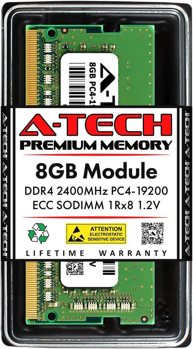 Main image of A-Tech 8GB DDR4 2400 MHz ECC SODIMM PC4-19200 ECC Unbuffered SO-DIMM 260-Pin 1.2V 1Rx8 Single Rank RAM Memory Upgrade Module for Microservers, Mobile Workstations, and NAS Servers