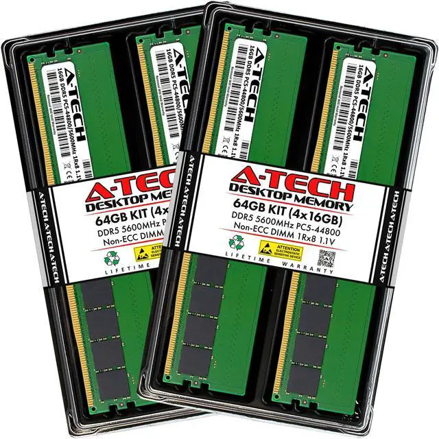 Main image of A-Tech 64GB Kit (4 x 16GB) DDR5 5600MHz DIMM PC5-44800 Non-ECC Unbuffered CL46 UDIMM 288-Pin 1.1V Desktop RAM Memory Modules