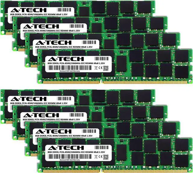 Alt view image 2 of 7 - A-Tech 64GB (8x8GB) 4Rx8 PC3L-8500R DDR3 / DDR3L 1066 MHz ECC RDIMM 1.35V Registered DIMM 240-Pin Quad Rank x8 Server & Workstation RAM Memory Upgrade Kit