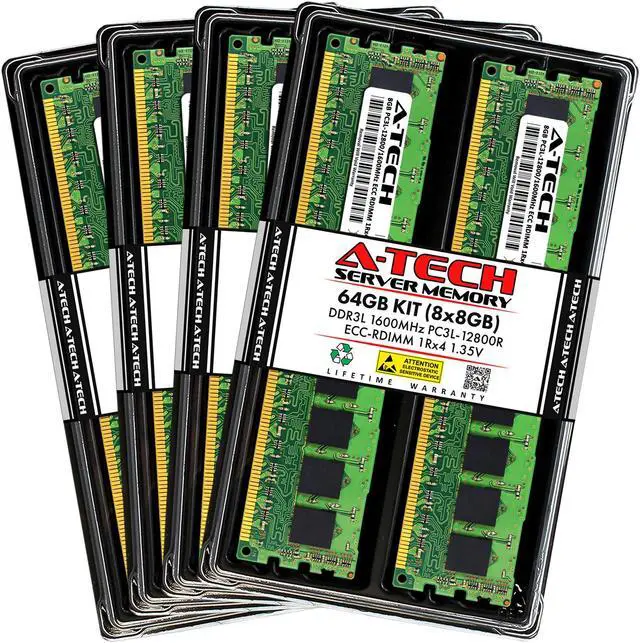 Main image of A-Tech 64GB (8x8GB) 1Rx4 PC3L-12800R DDR3 / DDR3L 1600 MHz ECC RDIMM 1.35V Registered DIMM 240-Pin Single Rank x4 Server & Workstation RAM Memory Upgrade Kit