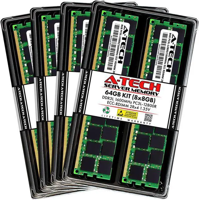 Main image of A-Tech 64GB (8x8GB) 2Rx4 PC3L-12800R DDR3 / DDR3L 1600 MHz ECC RDIMM 1.35V Registered DIMM 240-Pin Dual Rank x4 Server & Workstation RAM Memory Upgrade Kit