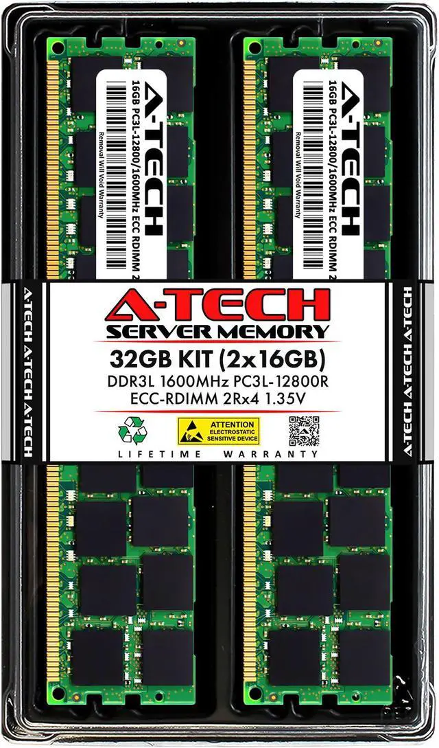 Main image of A-Tech 32GB (2x16GB) 2Rx4 PC3L-12800R DDR3 / DDR3L 1600 MHz ECC RDIMM 1.35V Registered DIMM 240-Pin Dual Rank x4 Server & Workstation RAM Memory Upgrade Kit