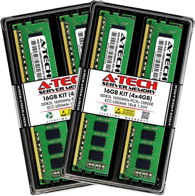 Main image of A-Tech 16GB (4x4GB) 1Rx8 PC3L-12800E DDR3 / DDR3L 1600 MHz ECC UDIMM 1.35V ECC Unbuffered DIMM 240-Pin Single Rank x8 Server & Workstation RAM Memory Upgrade Kit