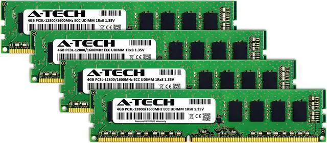 Alt view image 2 of 4 - A-Tech 16GB (4x4GB) 1Rx8 PC3L-12800E DDR3 / DDR3L 1600 MHz ECC UDIMM 1.35V ECC Unbuffered DIMM 240-Pin Single Rank x8 Server & Workstation RAM Memory Upgrade Kit