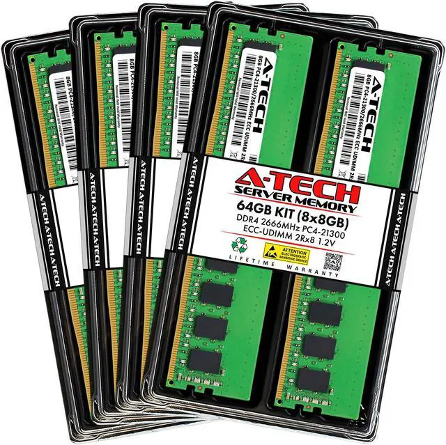 Main image of A-Tech 64GB (8x8GB) 2Rx8 PC4-21300 / PC4-21300E DDR4 2666 MHz ECC UDIMM 1.2V ECC Unbuffered DIMM 288-Pin Dual Rank x8 Server & Workstation RAM Memory Upgrade Kit