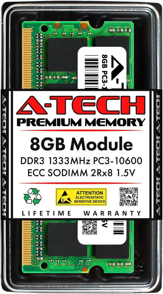 Main image of A-Tech 8GB DDR3 1333 MHz ECC SODIMM PC3-10600 / EP3-10600E ECC Unbuffered SO-DIMM 204-Pin 1.5V 2Rx8 Dual Rank RAM Memory Upgrade Module for Microservers, Mobile Workstations, and NAS Servers