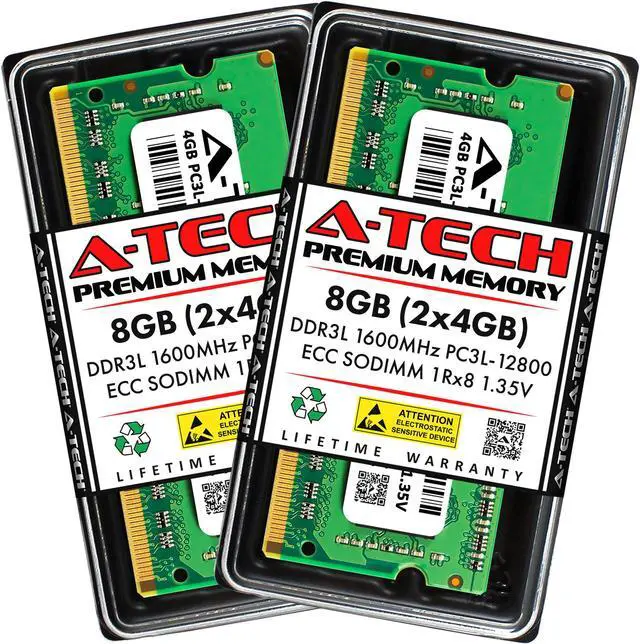 Main image of A-Tech 8GB (2x4GB) DDR3 / DDR3L 1600 MHz ECC SODIMM PC3-12800 / EP3L-12800E ECC Unbuffered SO-DIMM 204-Pin 1.35V 1Rx8 Single Rank RAM Memory Kit for Microservers, Mobile Workstations, and NAS Servers