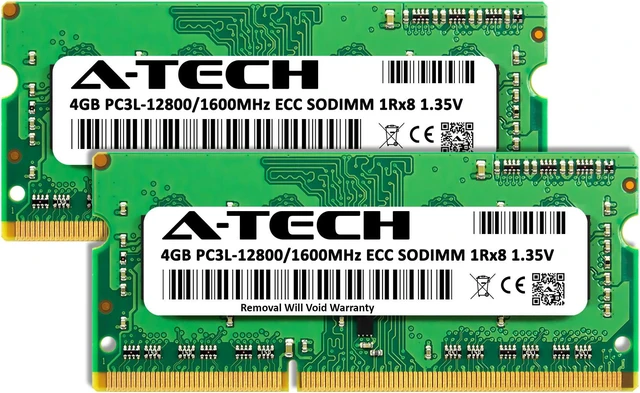 Alt view image 2 of 6 - A-Tech 8GB (2x4GB) DDR3 / DDR3L 1600 MHz ECC SODIMM PC3-12800 / EP3L-12800E ECC Unbuffered SO-DIMM 204-Pin 1.35V 1Rx8 Single Rank RAM Memory Kit for Microservers, Mobile Workstations, and NAS Servers