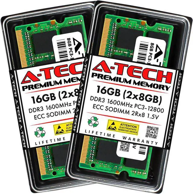 Main image of A-Tech 16GB (2x8GB) DDR3 1600 MHz ECC SODIMM PC3-12800 / EP3-12800E ECC Unbuffered SO-DIMM 204-Pin 1.5V 2Rx8 Dual Rank RAM Memory Upgrade Kit for Microservers, Mobile Workstations, and NAS Servers