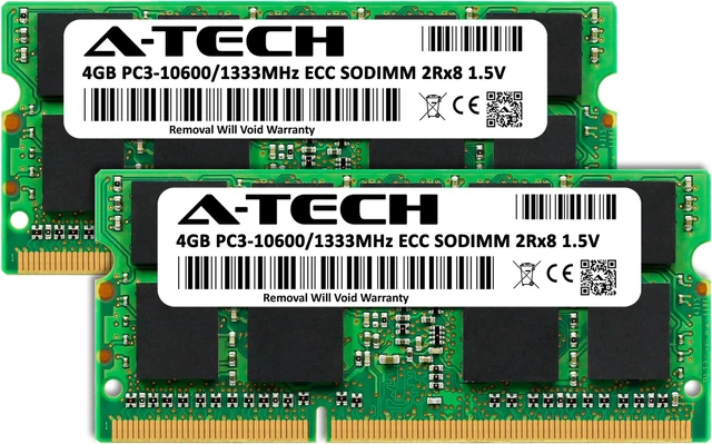 Alt view image 2 of 6 - A-Tech 8GB (2x4GB) DDR3 1333 MHz ECC SODIMM PC3-10600 / EP3-10600E ECC Unbuffered SO-DIMM 204-Pin 1.5V 2Rx8 Dual Rank RAM Memory Upgrade Kit for Microservers, Mobile Workstations, and NAS Servers